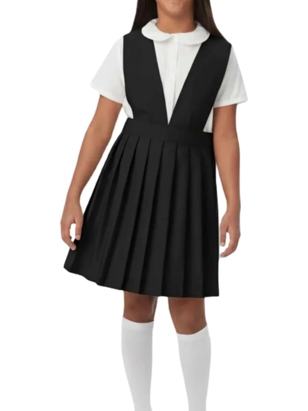 French Toast Black Pleated Jumper Dress with V-Front Straps